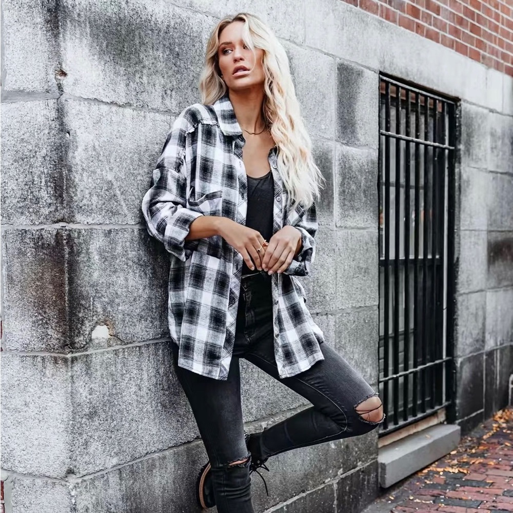 Gingham V-neck Loose Blouse Casual Lapel Plaid Button Down Long Sleeve